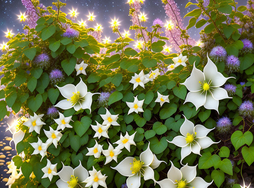 Lush Garden Scene with White Flowers and Starry Sky