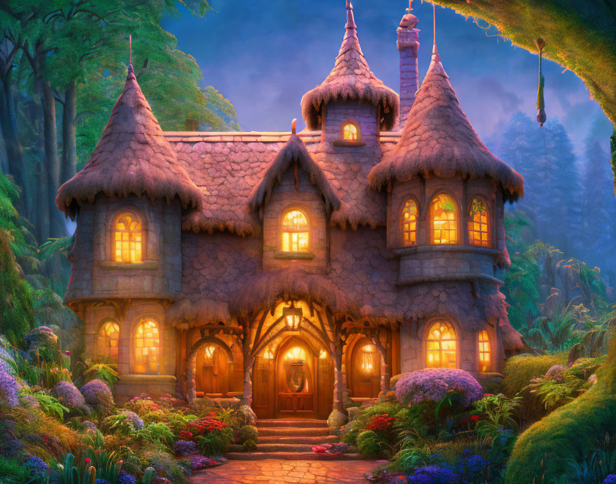 Enchanting Cottage in Vibrant Magical Forest at Twilight