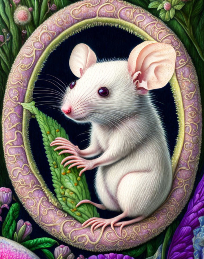 Detailed White Mouse Illustration with Pink Ears and Red Eyes on Ornate Floral Background