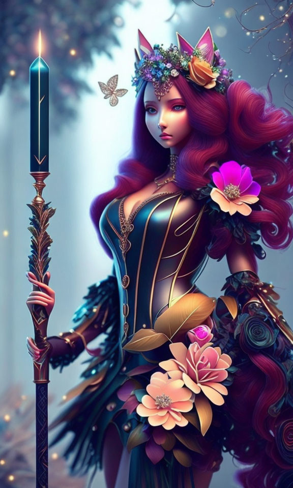 Fantasy illustration of red-haired woman with floral crown and staff in mystical forest