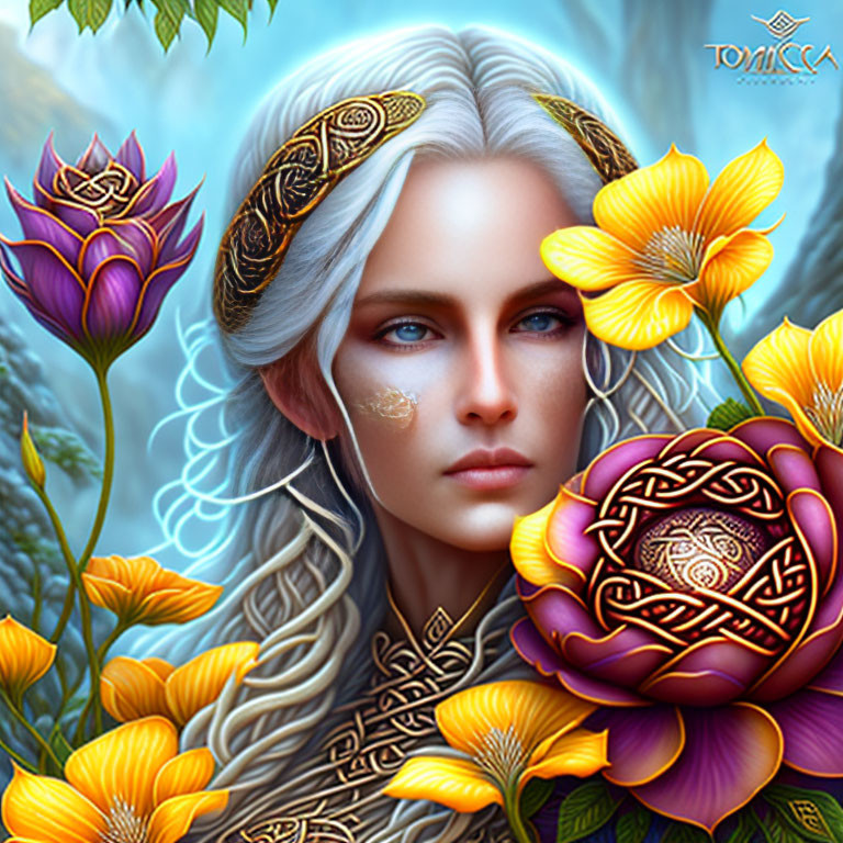 Fantasy elf digital portrait with blue eyes, silver hair, gold headwear, surrounded by flowers