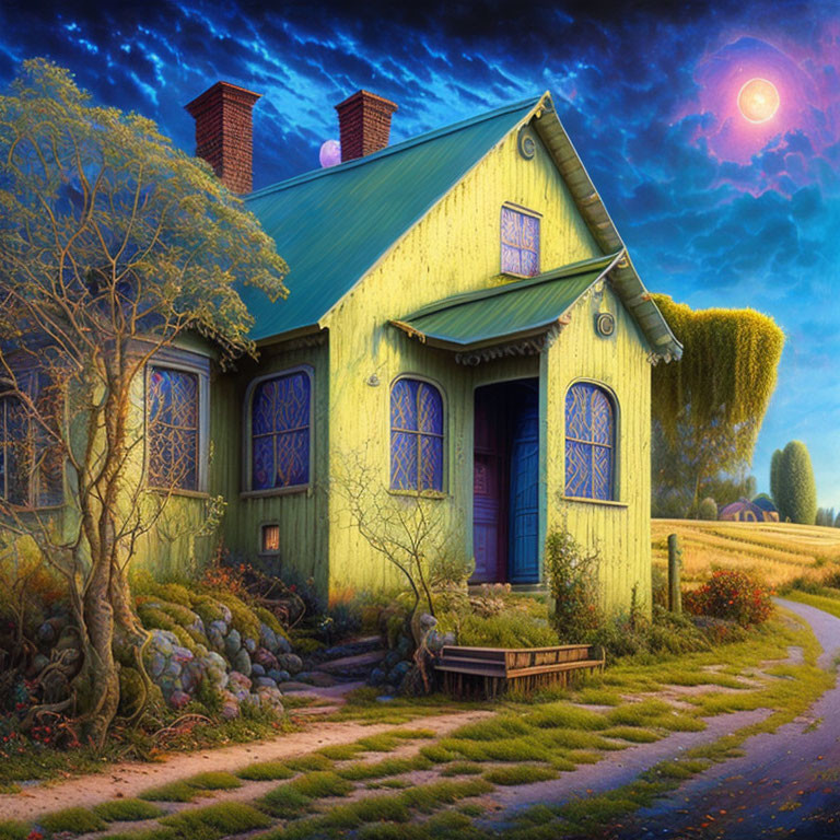 Green Cottage with Purple Windows in Starry Night Sky