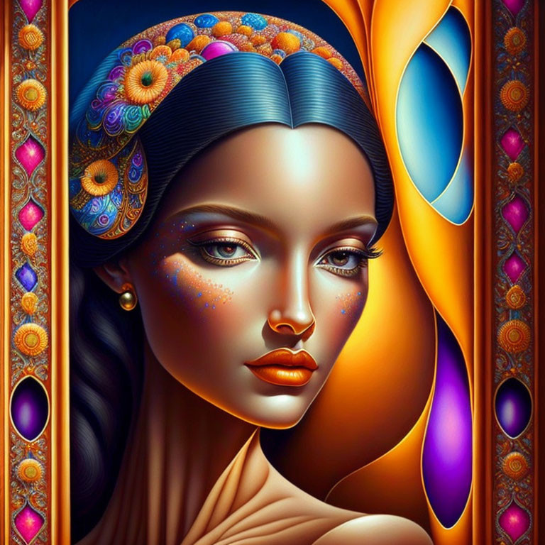 Colorful portrayal of a woman with stylized makeup and jewelry in decorative frame.