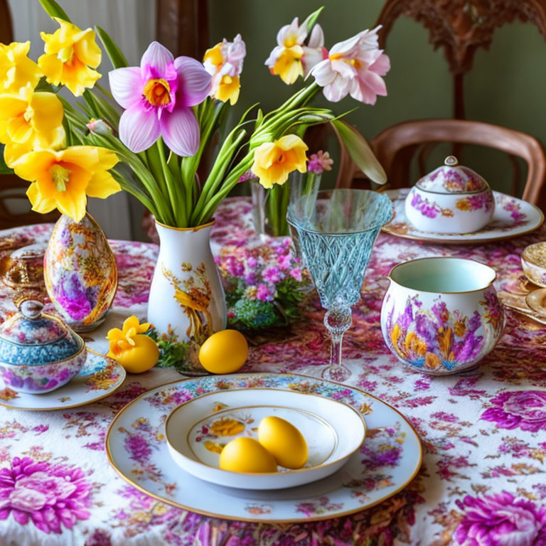 Colorful Easter table setting with daffodils, pink flowers, yellow eggs, floral china,