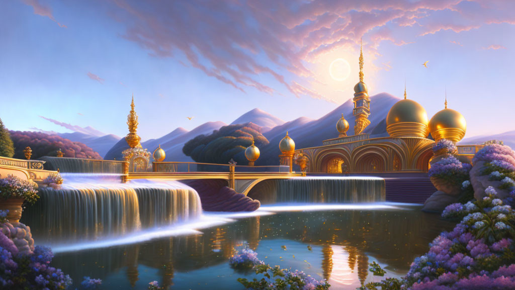 Golden domed structures, waterfalls, full moon, purple flowers, birds in mountainous landscape