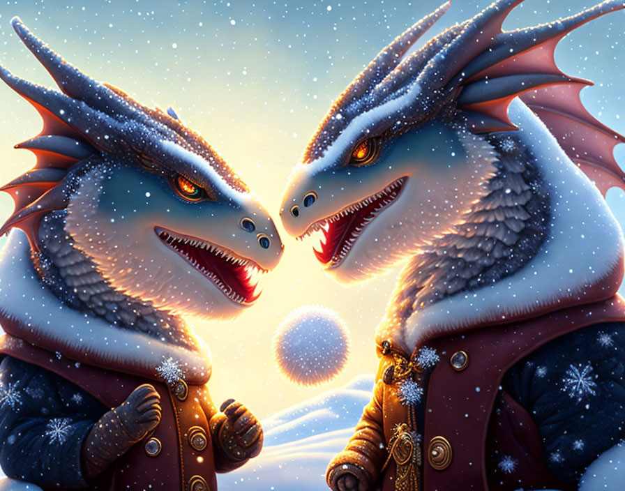 Two dragons in snowy scene with glowing orb, wearing detailed snowflake jackets