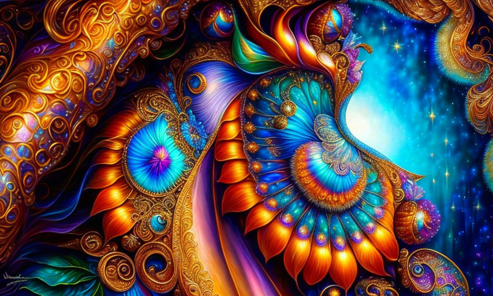 Vibrant digital artwork of peacock with intricate designs and rich colors