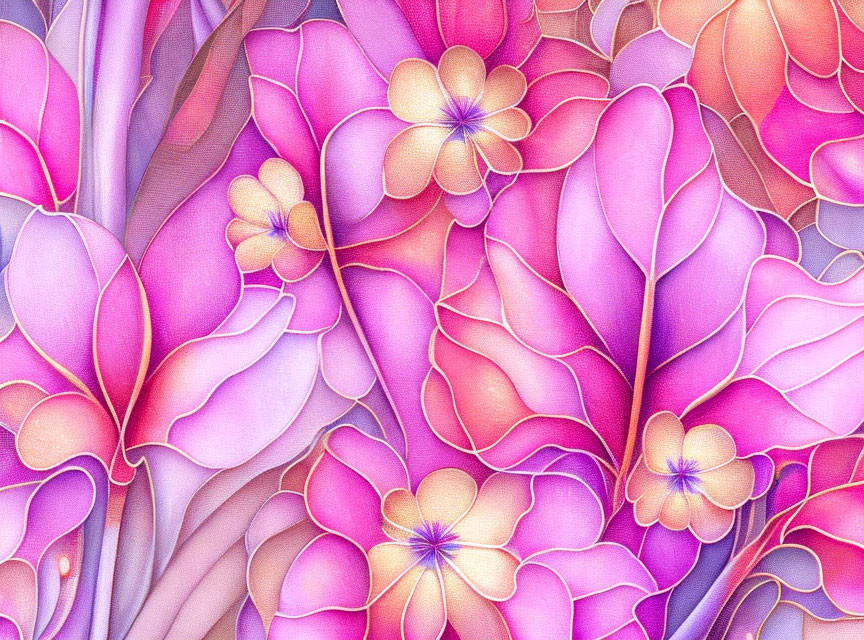 Colorful digital artwork of pink and purple flowers with intricate petal patterns