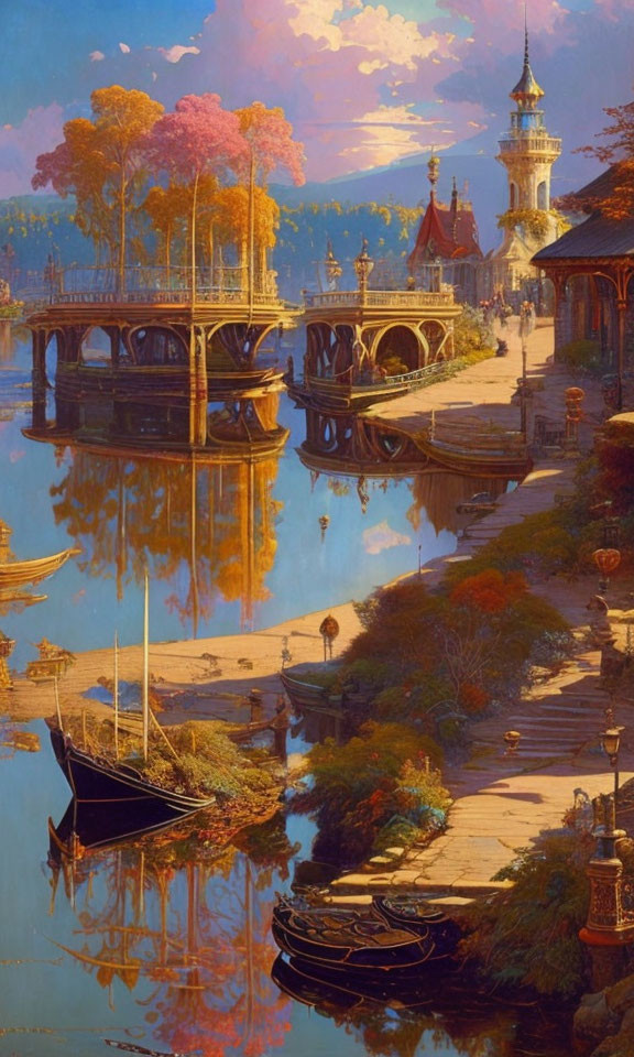 Fantasy river scene with ornate bridges, castle tower, boats, and reflections in golden light