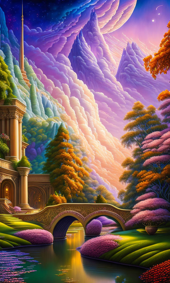 Fantasy landscape with river, bridge, mountains, and aurora