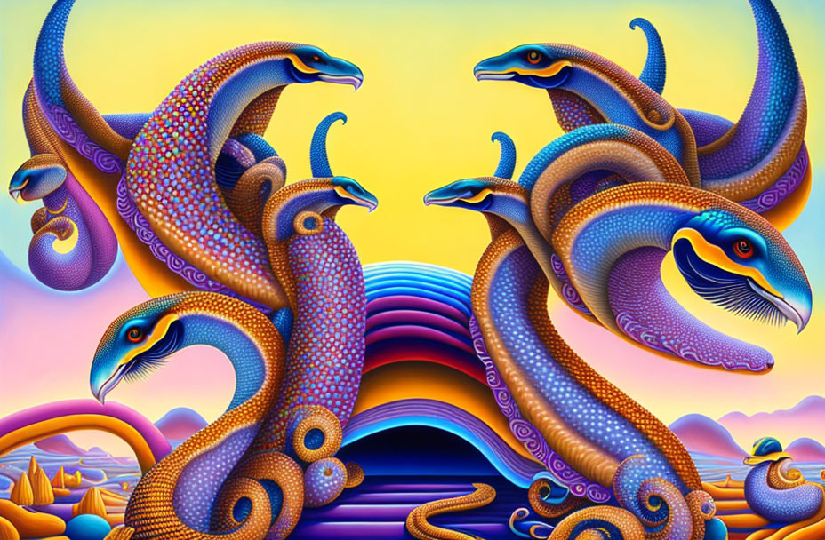 Vibrant surreal artwork: stylized serpentine creatures on psychedelic landscape