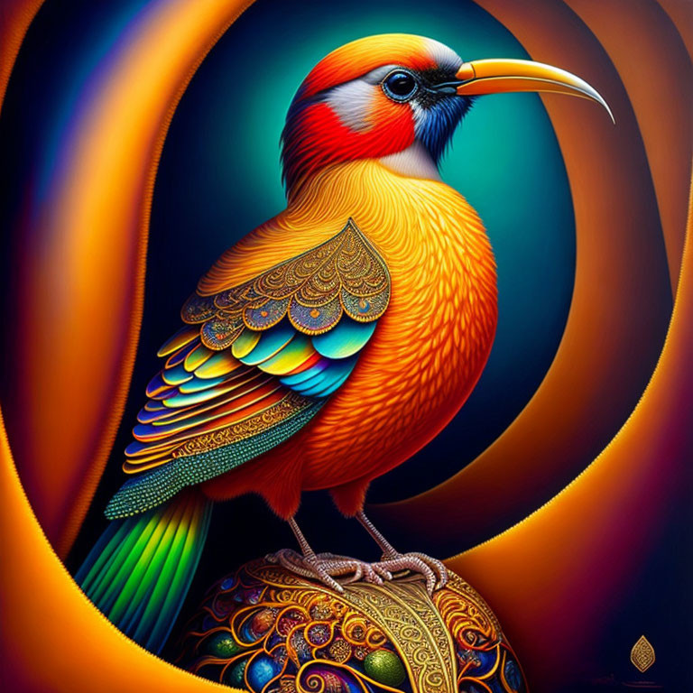 Colorful Bird with Intricate Feather Patterns on Decorated Orb in Vibrant Scene