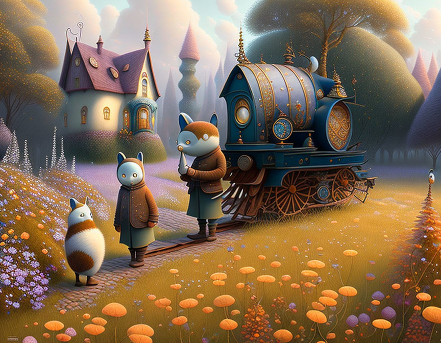 Fox Characters in Vintage Clothing with Fantastical Carriage in Enchanting Forest Clearing