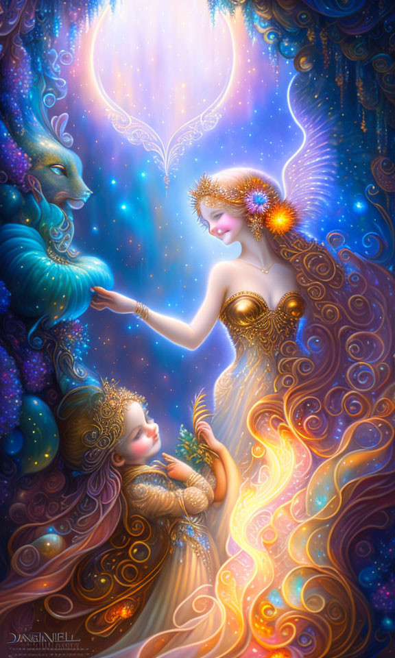 Illustration of celestial woman, child, and dragon in surreal starry scene