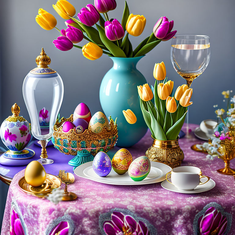 Easter table setting with yellow and purple tulips, decorated eggs, fine china, and crystal glass