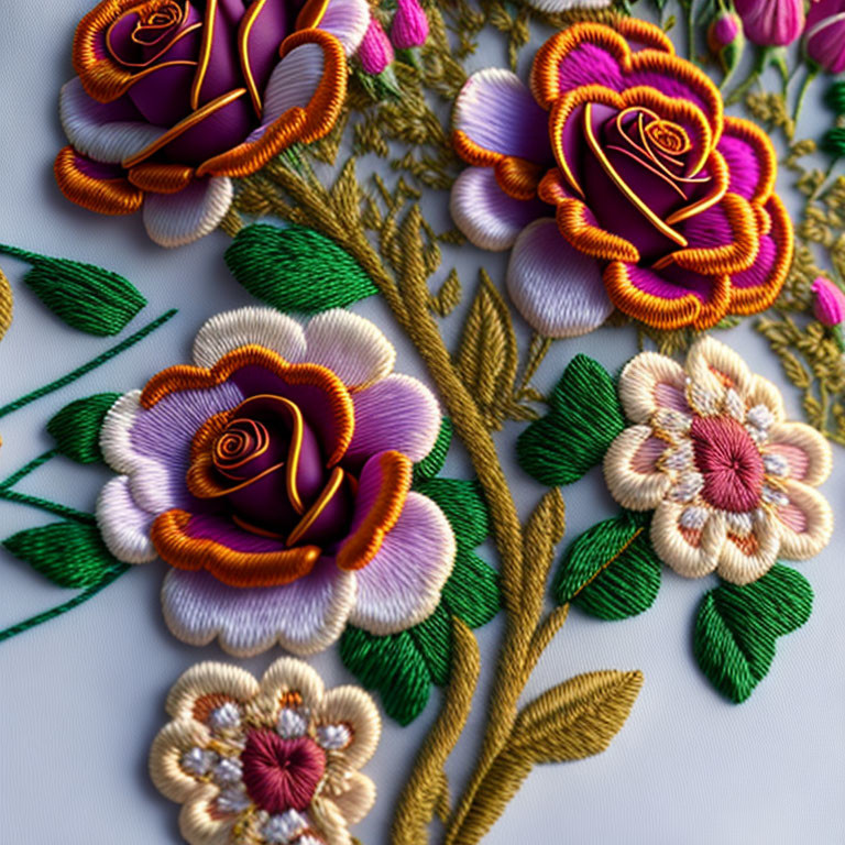 Colorful Embroidered Flowers on White Background