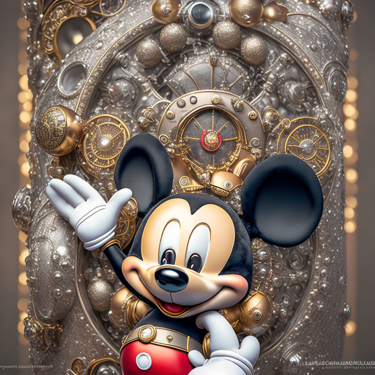 Whimsical steampunk-themed background with Mickey Mouse