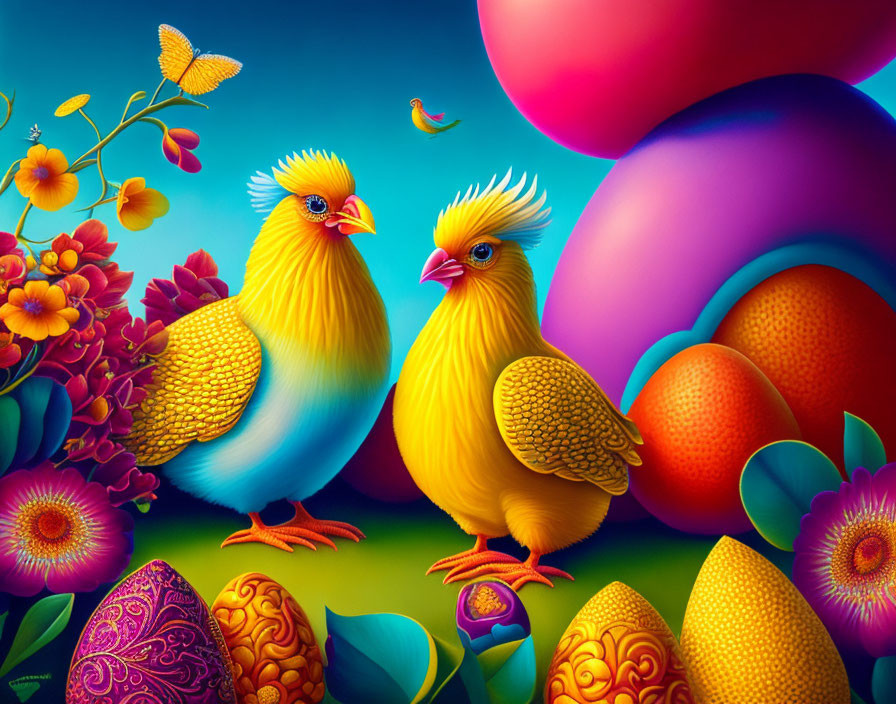 Colorful cartoon chickens with decorated eggs and flowers under a bright sky