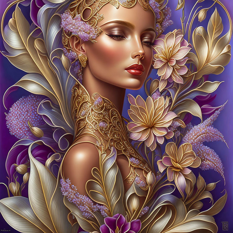 Golden floral adorned woman in elegant fantasy portrait on purple background