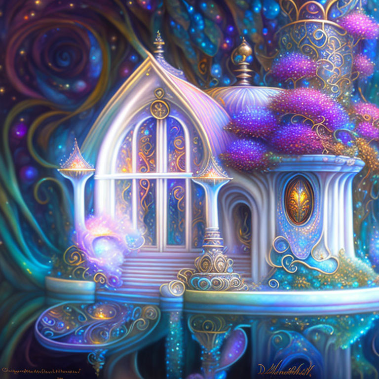 Ethereal fantasy palace with sparkling violet domes and ornate windows