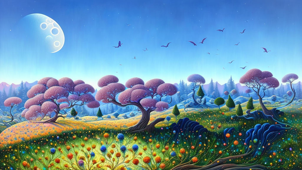 Fantasy landscape with mushroom trees, colorful flowers, birds, and crescent moon.
