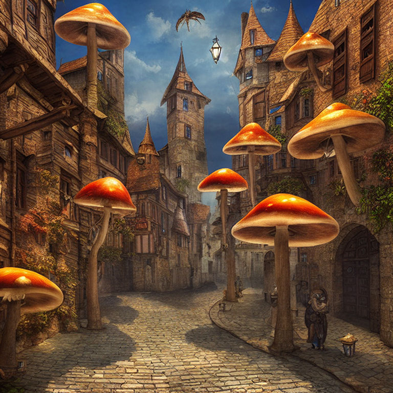 Medieval town cobblestone street with fantasy mushrooms, lantern, and figure.