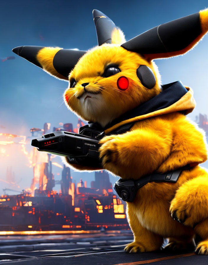 Stylized Pikachu with gun in futuristic cityscape