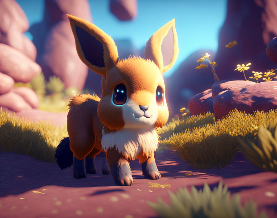 Cute animated rabbit in vibrant colorful landscape