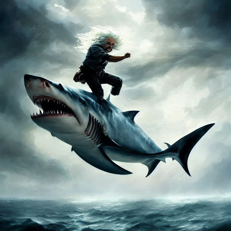 Ecstatic man riding giant shark in stormy ocean scene