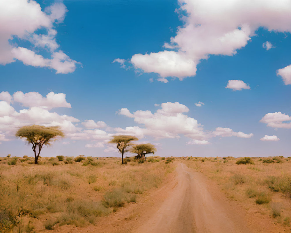 Tranquil desert landscape with dusty road and acacia trees