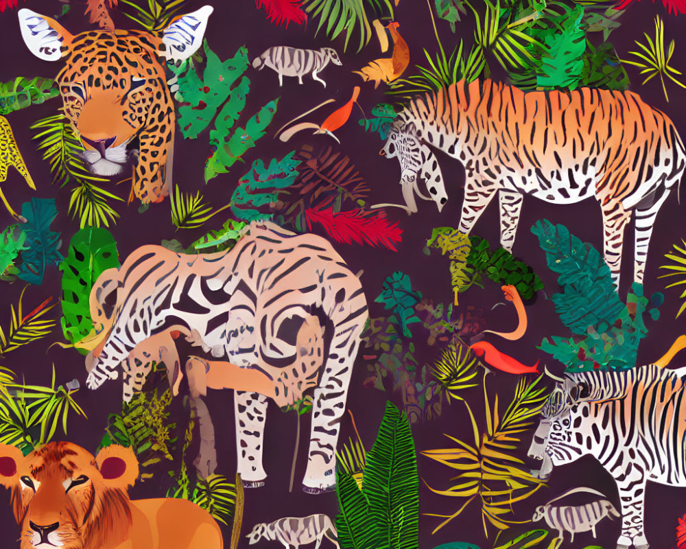 Vibrant jungle scene with leopards, tigers, lion, and tropical foliage