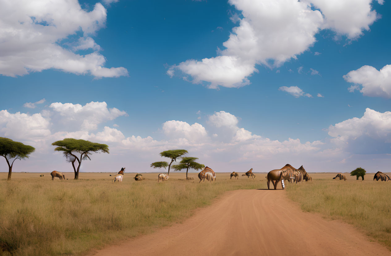 Tranquil savannah scenery with dirt road, acacia trees, clouds, and grazing zebras