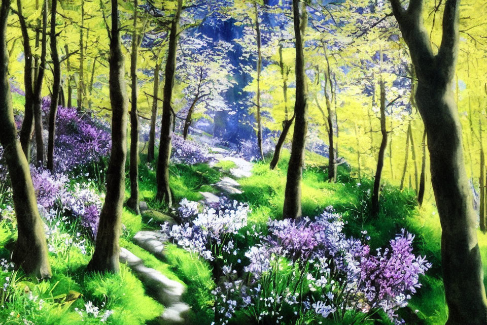 Lush Forest Scene with Winding Path and Sunlit Canopies