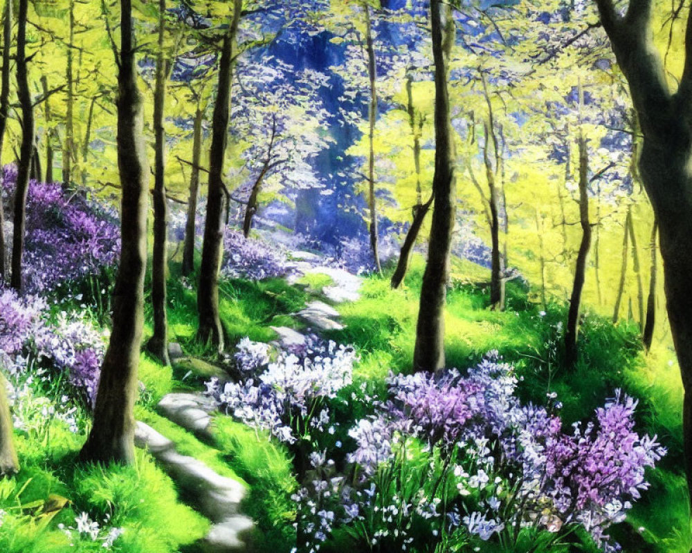 Lush Forest Scene with Winding Path and Sunlit Canopies