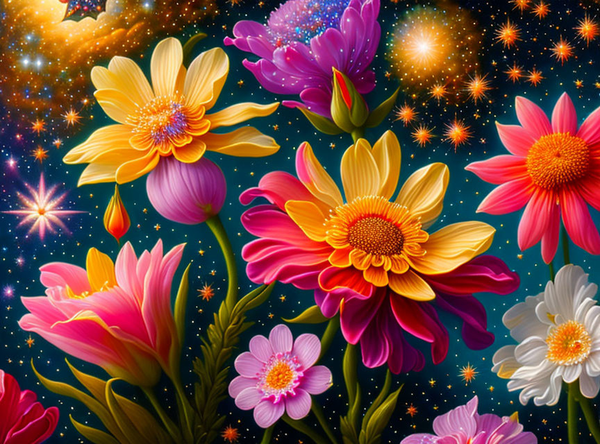 Colorful Blooming Flowers Against Starry Cosmic Background