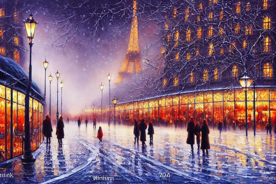 Snowy Evening Scene: People Walking by Illuminated Buildings with Eiffel Tower in Background