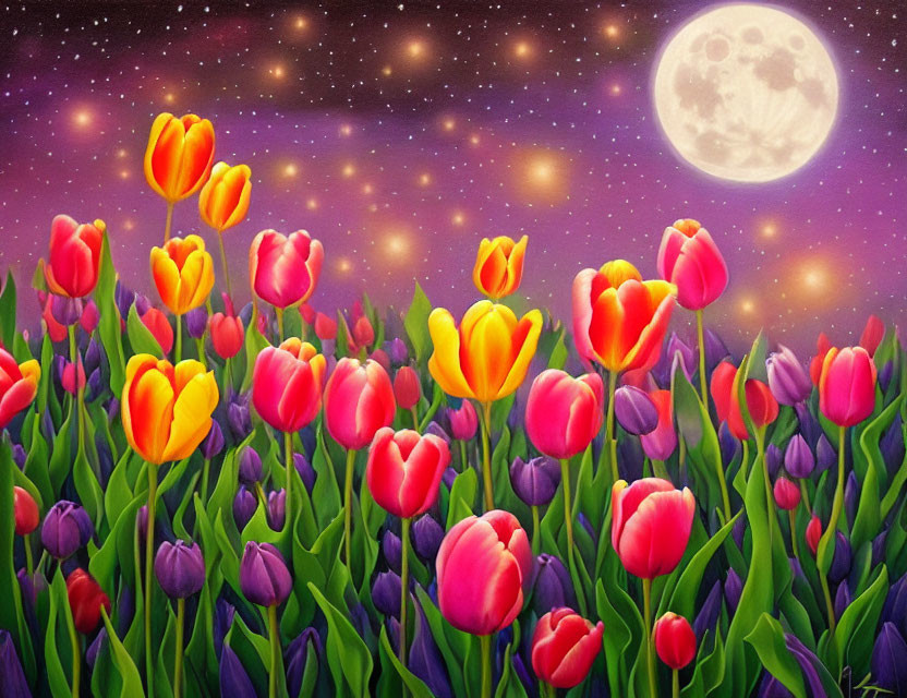 Vibrant painting of tulip field at night with moon and starry sky