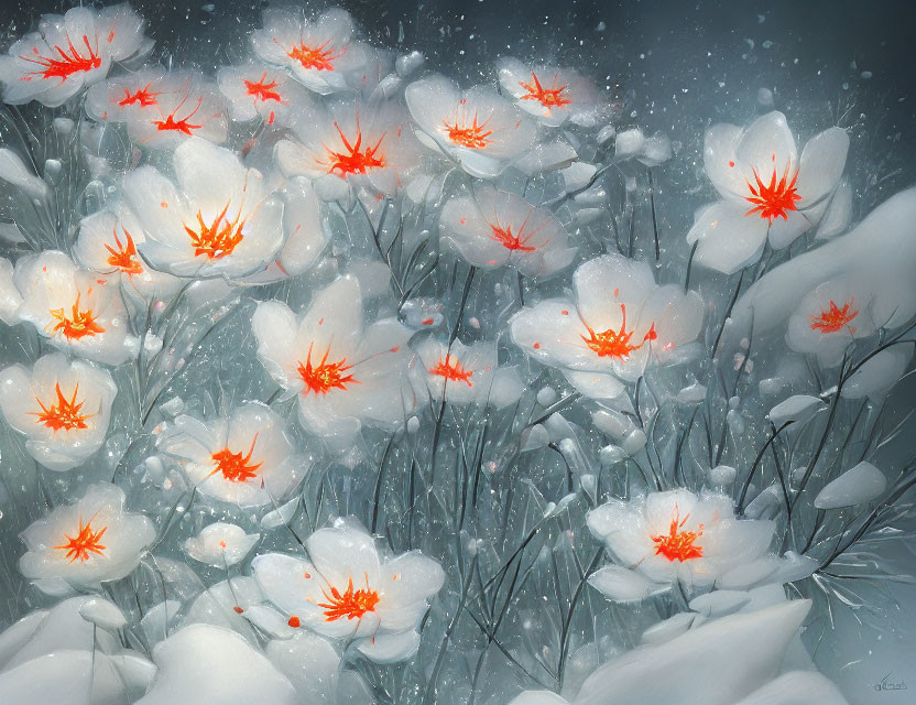 Snow-dusted white flowers with red centers in winter scene