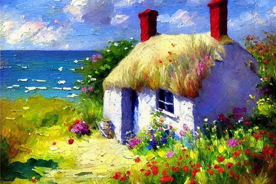 White Thatched Roof Cottage Surrounded by Flowers and Sea View