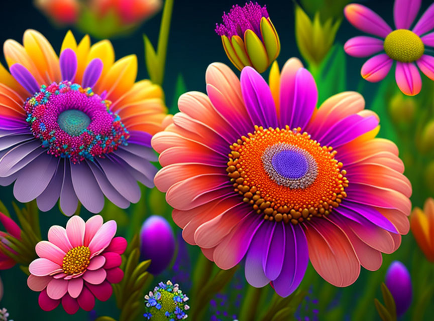 Detailed digital illustration of colorful flowers on dark background