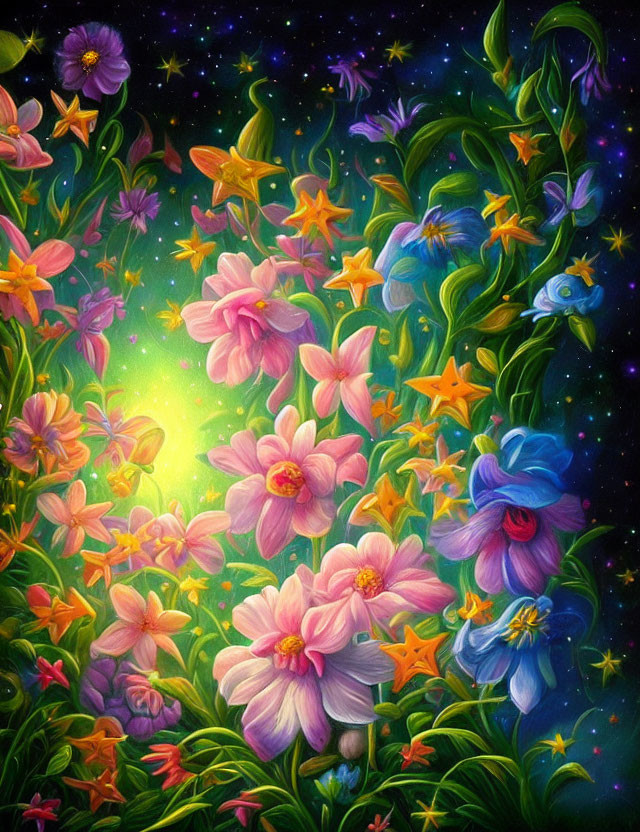 Colorful Flower Artwork with Cosmic Starry Background