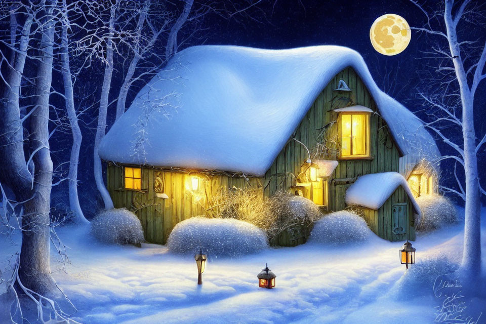 Snow-covered cottage with warm light on serene winter night