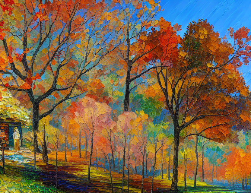 Colorful Autumn Foliage and Person Walking in Sunlit Park