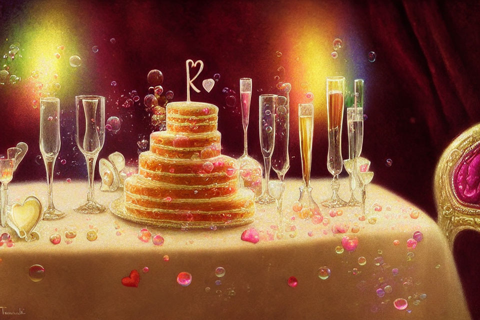 Romantic Pancake Stack with Champagne and Heart Confetti Display