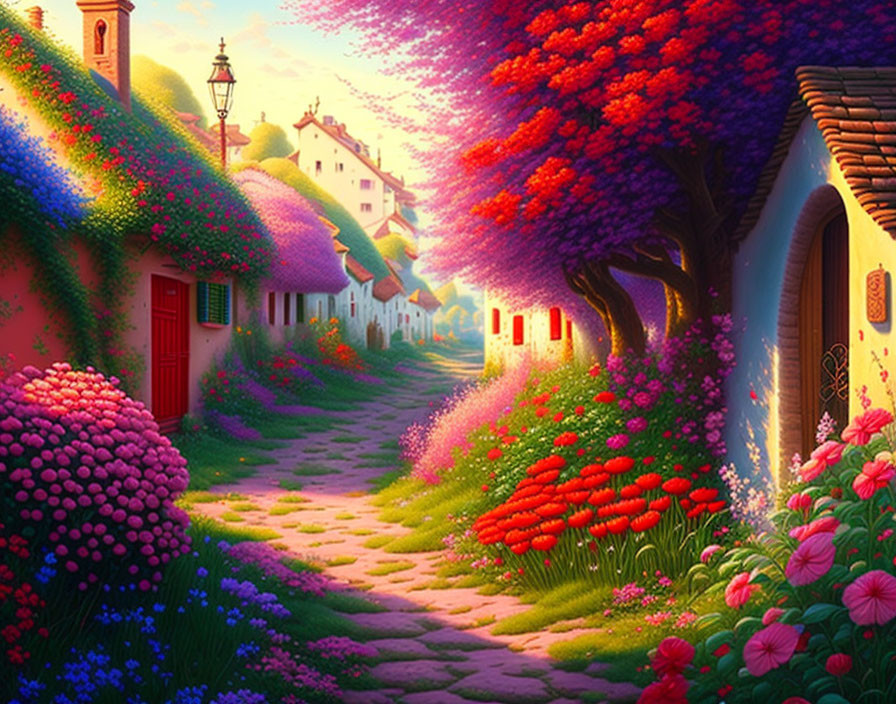 Colorful Fantasy Village with Cobblestone Paths and Blooming Trees