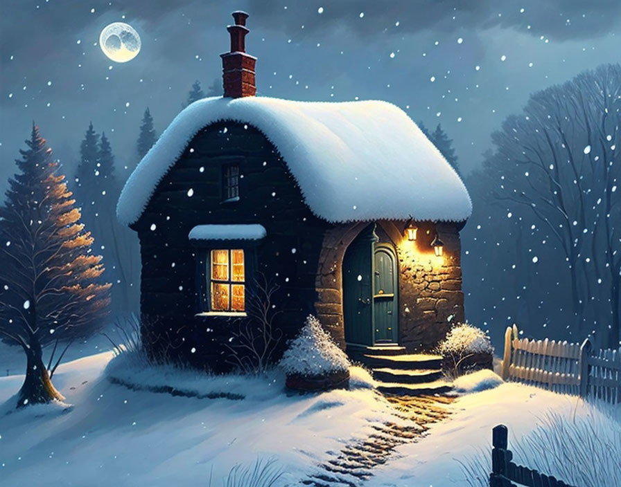 Snow-covered cottage under moonlit sky with warm glowing windows