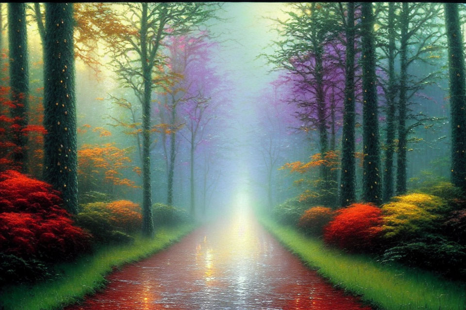 Colorful Red, Purple, and Green Trees in Mystical Forest Pathway