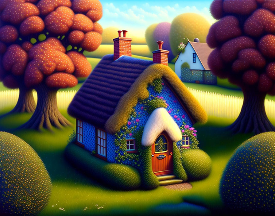Illustration of Thatched-Roof Cottage with Topiary Trees & Sunset Landscape