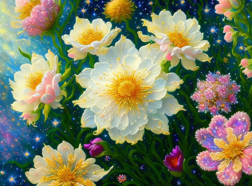 Detailed white and pink flower painting with cosmic background