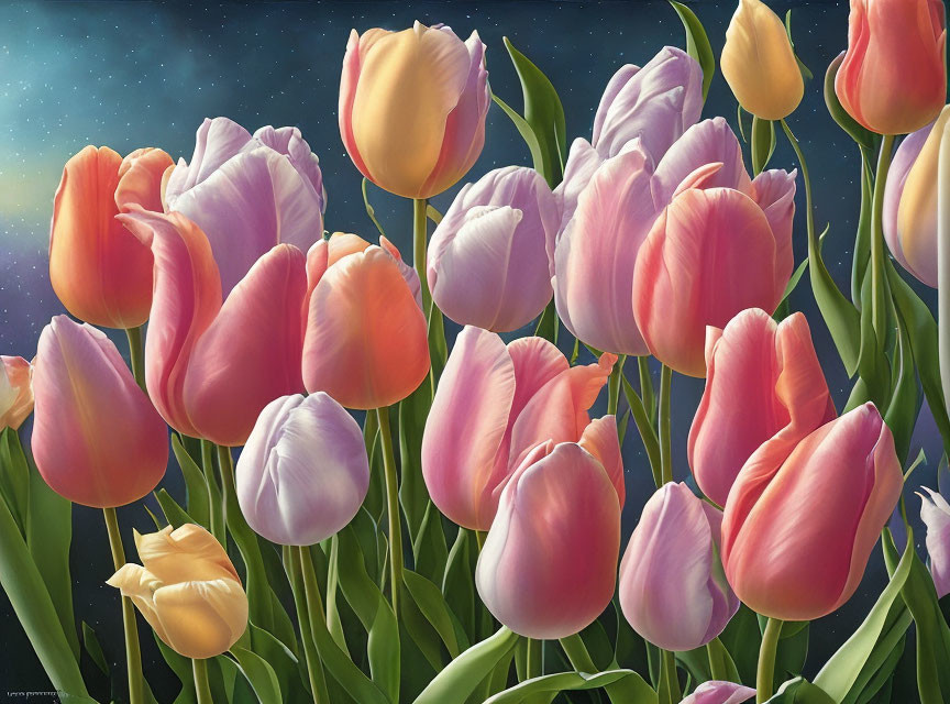 Colorful Tulips Painting Against Starry Night Sky